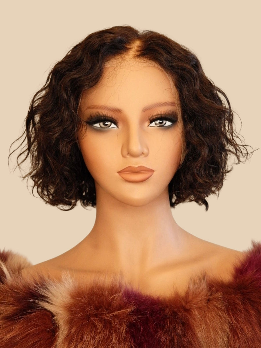 Estelle 10-12 inch brown human hair curly wig with 150% density, transparent Swiss lace front from Wigs R Us Toronto