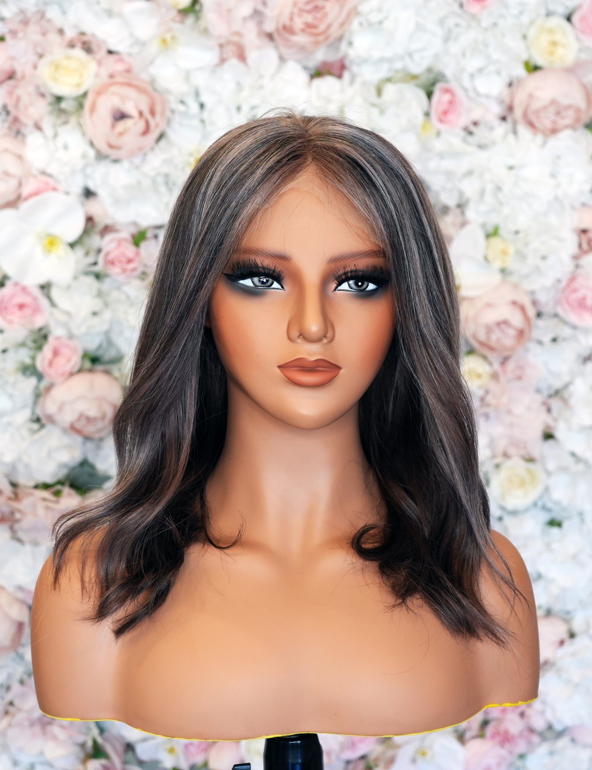 Luna Medium Wavy Wig with Silver Highlights | Premium 14” Human Hair | Wigs R Us Toronto