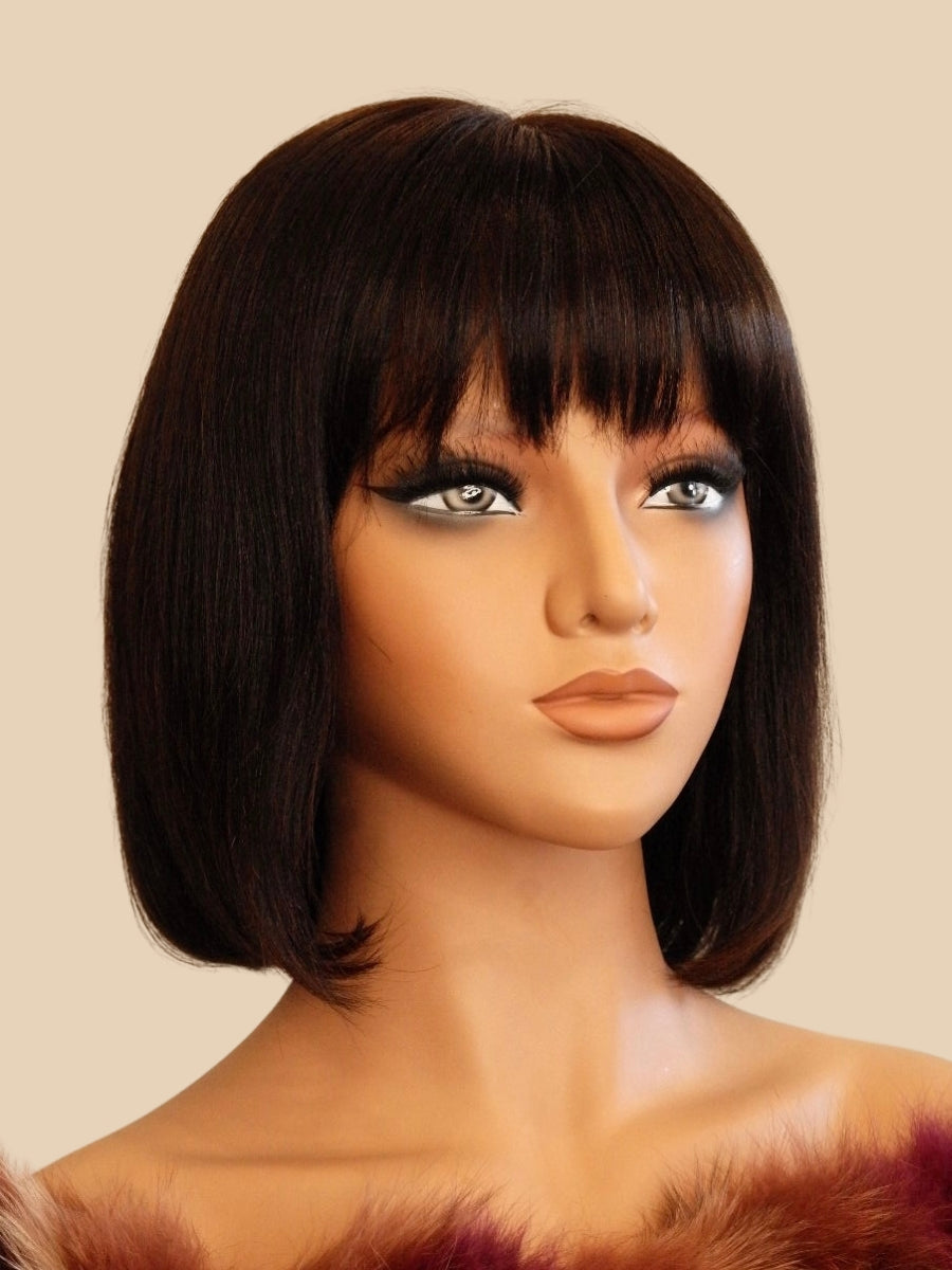 Premium 100% human hair Midnight Elegance Bob featuring straight bangs, pre-bleached knots, and natural hairline by Wigs R Us Toronto