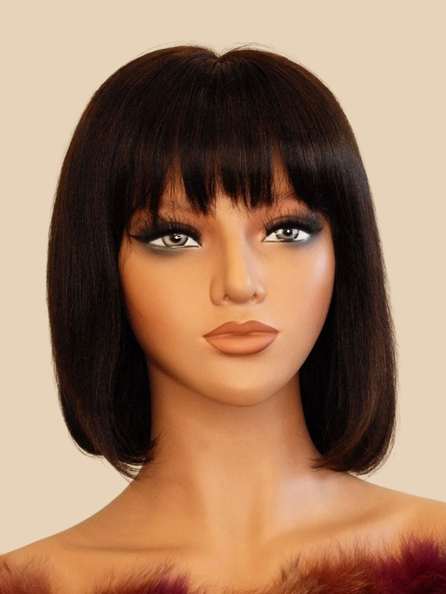 Midnight Elegance 12-inch black human hair bob wig with bangs, 150% density, transparent Swiss lace front from Wigs R Us Toronto