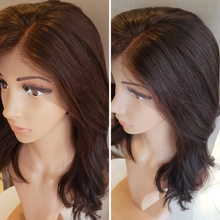 Close-up of hand-tied Swiss lace front on Chocolate Melt human hair wig with transparent lace, pre-bleached knots and baby hair from Wigs R Us Toronto