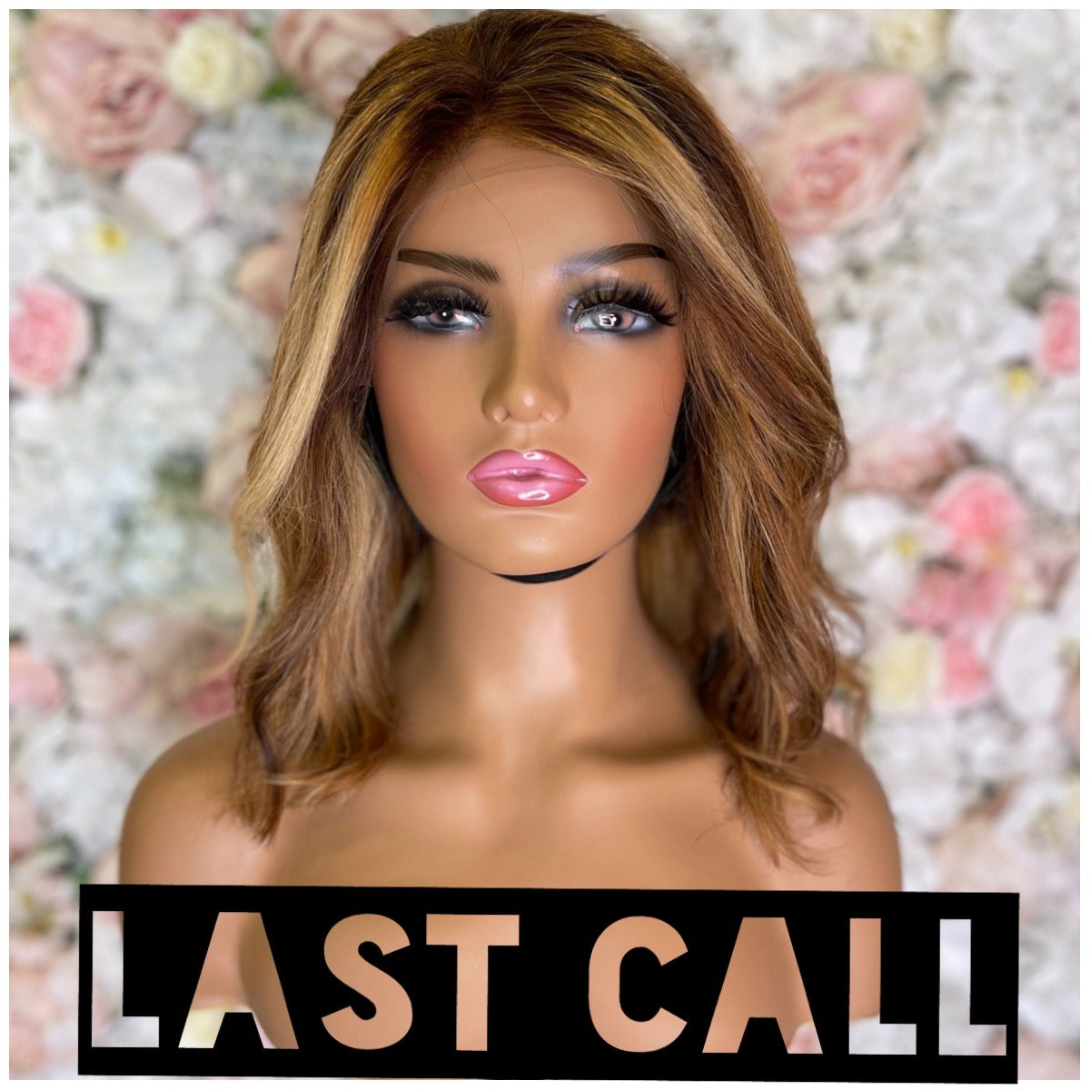 AUTUMN 14 inch human hair lace front wig with dark roots and highlights worn by model - Wigs R Us Toronto